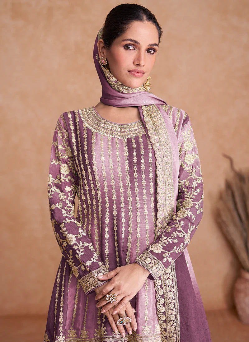 Traditional Purple Embroidered Gharara Wedding Suit