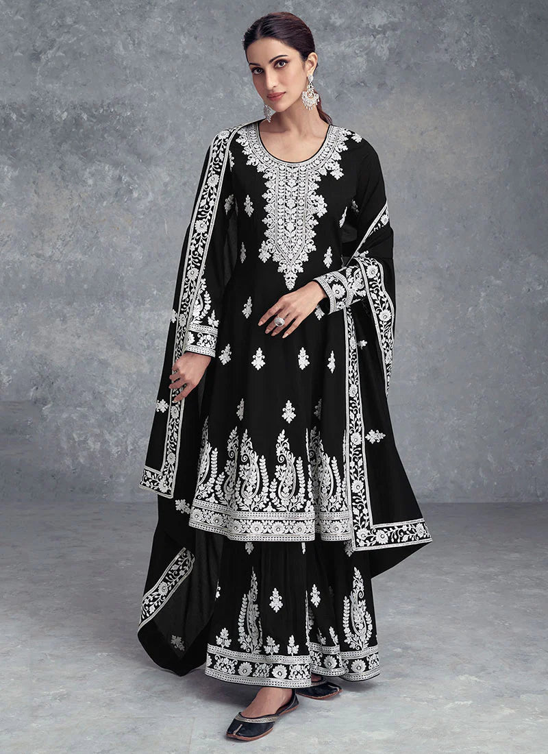 Black Embroidered Gharara Suit for Weddings