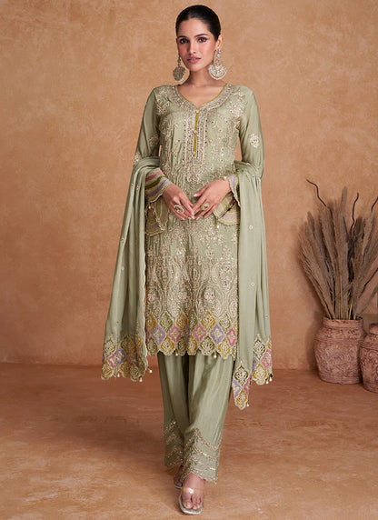 Elegant Light Green Pant Style Suit with Multi-Color Traditional Embroidery