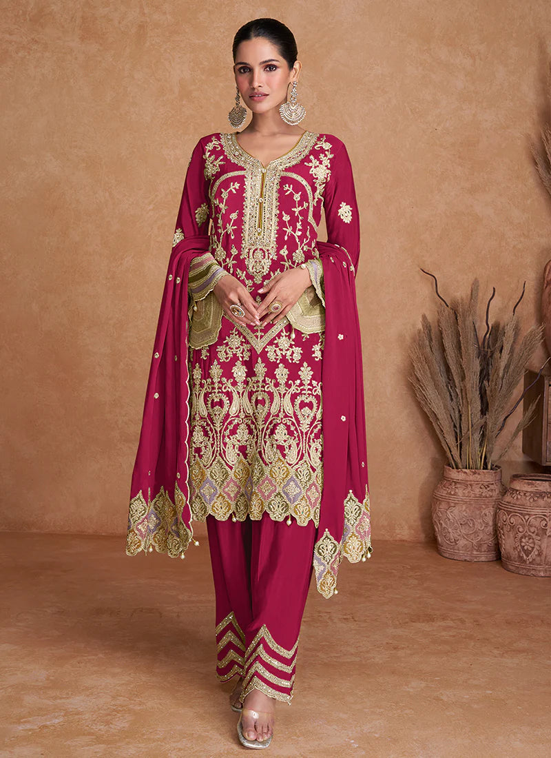 Elegant Magenta Pant Style Suit with Multi-Color Traditional Embroidery