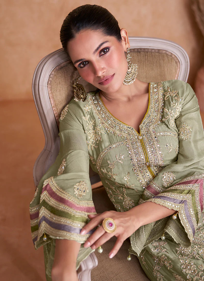 Elegant Light Green Pant Style Suit with Multi-Color Traditional Embroidery