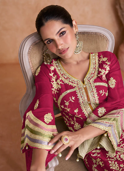 Elegant Magenta Pant Style Suit with Multi-Color Traditional Embroidery