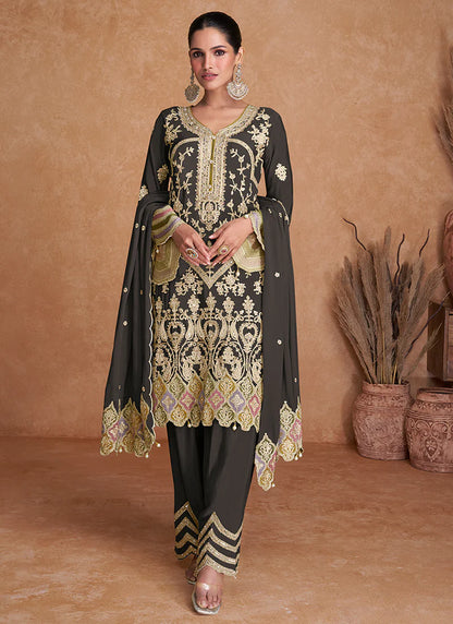 Elegant Deep Grey Pant Style Suit with Multi-Color Traditional Embroidery