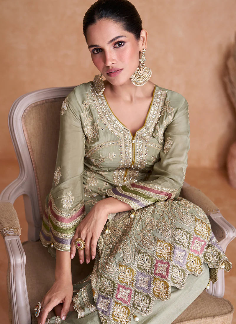 Elegant Light Green Pant Style Suit with Multi-Color Traditional Embroidery