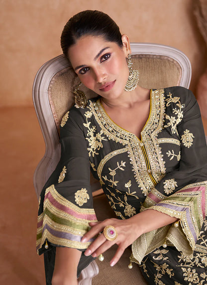 Elegant Deep Grey Pant Style Suit with Multi-Color Traditional Embroidery