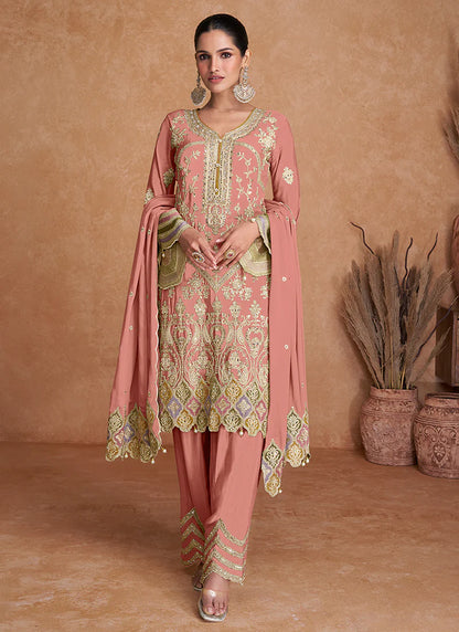 Elegant Peach Pant Style Suit with Multi-Color Traditional Embroidery