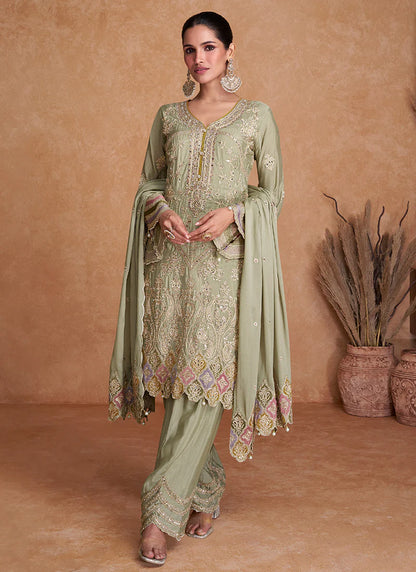 Elegant Light Green Pant Style Suit with Multi-Color Traditional Embroidery