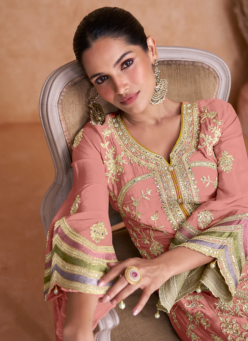 Elegant Peach Pant Style Suit with Multi-Color Traditional Embroidery