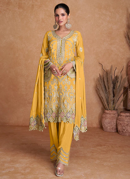 Elegant Yellow Pant Style Suit with Multi-Color Traditional Embroidery