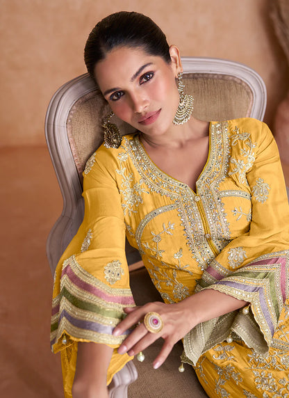 Elegant Yellow Pant Style Suit with Multi-Color Traditional Embroidery