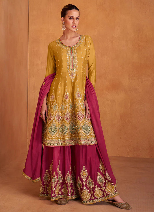 Vibrant Yellow and Pink Sharara with Multi-Tone Embroidery