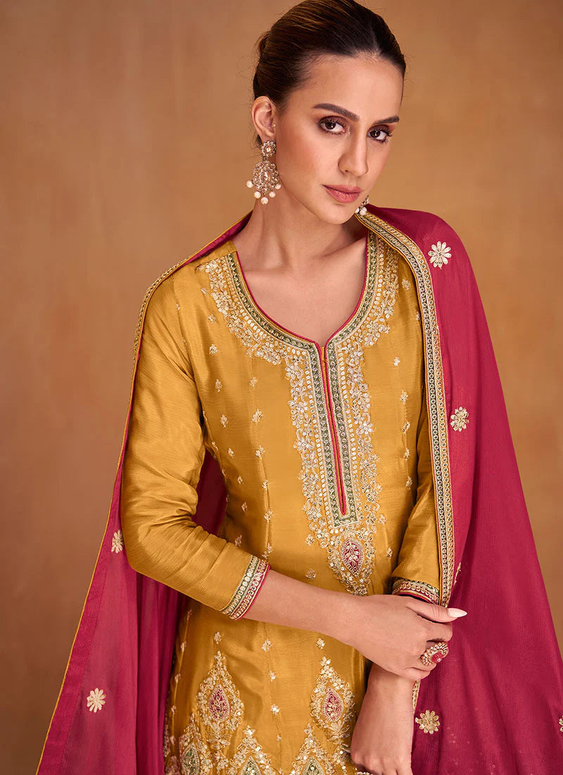 Vibrant Yellow and Pink Sharara with Multi-Tone Embroidery