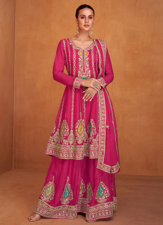 Vibrant Rani and Pink Sharara with Multi-Tone Embroidery