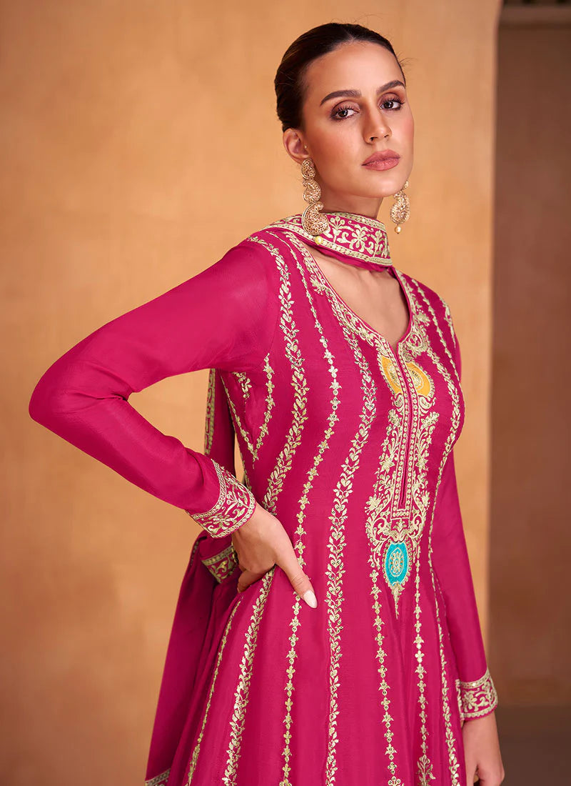 Vibrant Rani and Pink Sharara with Multi-Tone Embroidery