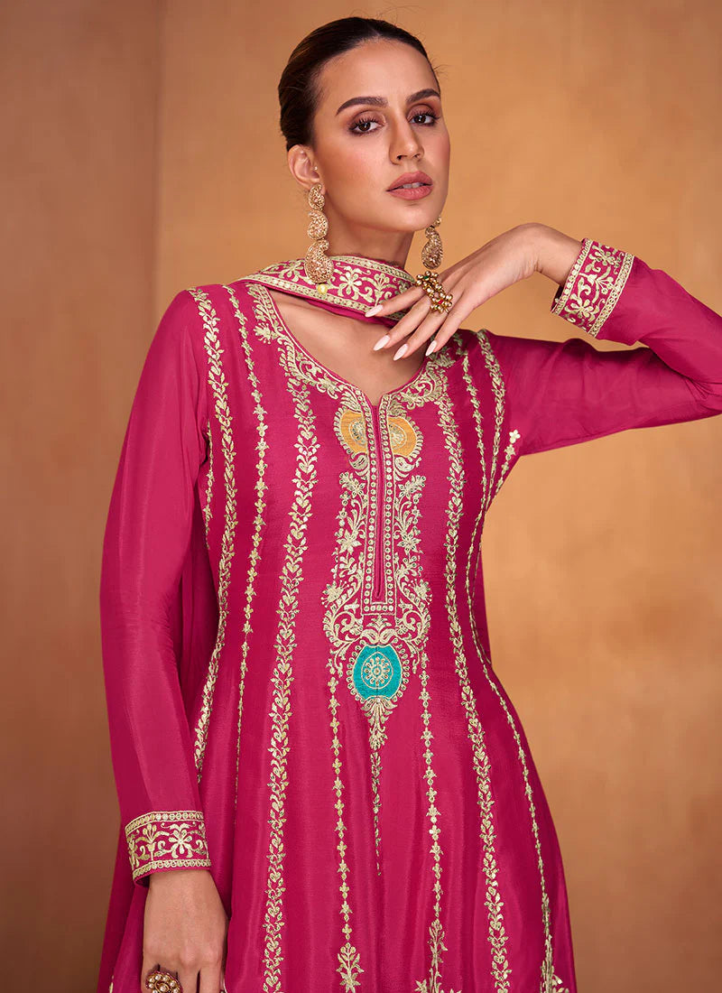 Vibrant Rani and Pink Sharara with Multi-Tone Embroidery