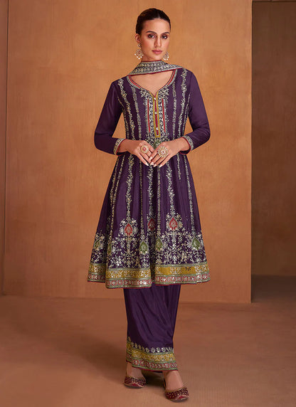 Vibrant Purple Sharara with Multi-Tone Embroidery