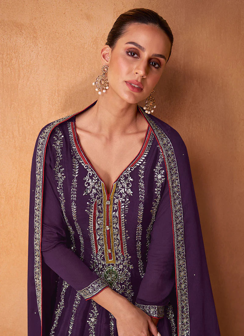 Vibrant Purple Sharara with Multi-Tone Embroidery