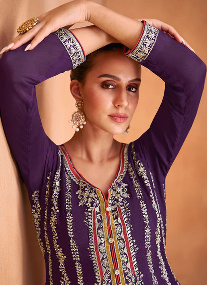 Vibrant Purple Sharara with Multi-Tone Embroidery