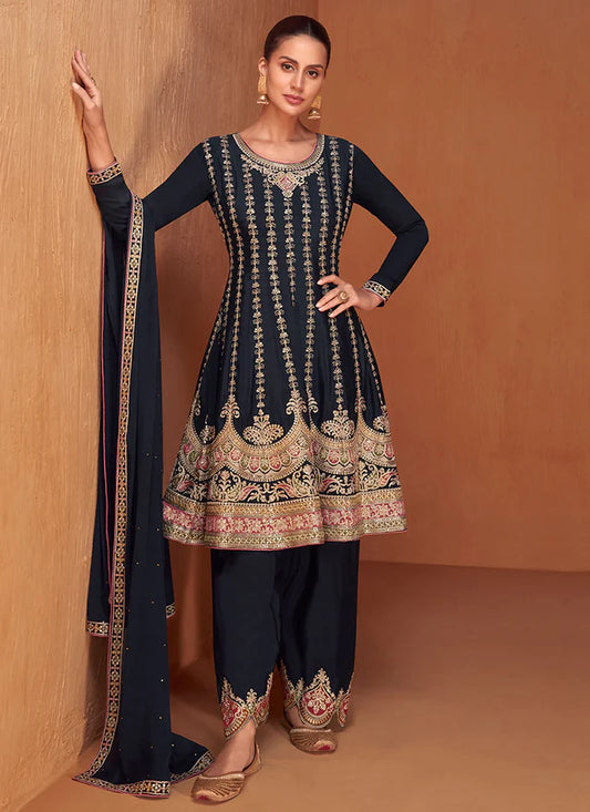 Vibrant Dark Blue Sharara with Multi-Tone Embroidery