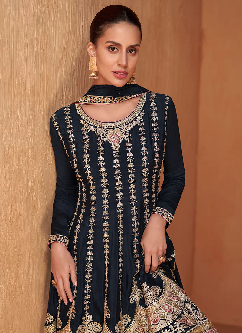 Vibrant Dark Blue Sharara with Multi-Tone Embroidery