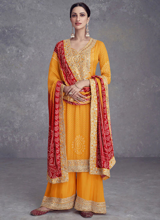 Yellow and Red Bandhani Print Mirror Embroidered Palazzo Suit