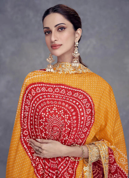 Yellow and Red Bandhani Print Mirror Embroidered Palazzo Suit