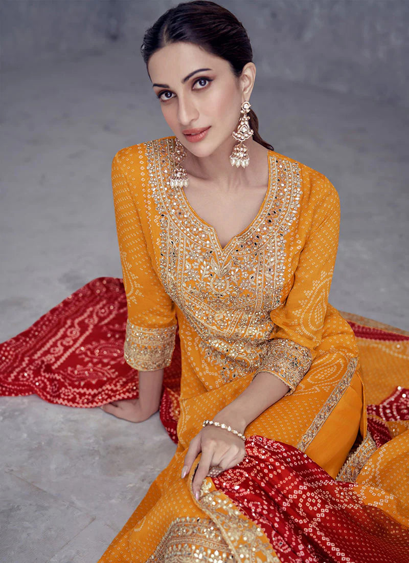 Yellow and Red Bandhani Print Mirror Embroidered Palazzo Suit