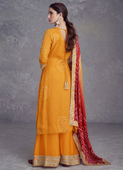 Yellow and Red Bandhani Print Mirror Embroidered Palazzo Suit