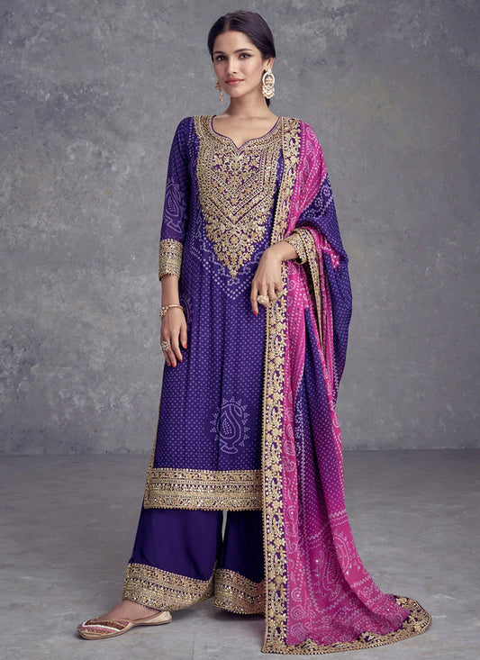 Purple and Pink Bandhani Print Mirror Embroidered Palazzo Suit