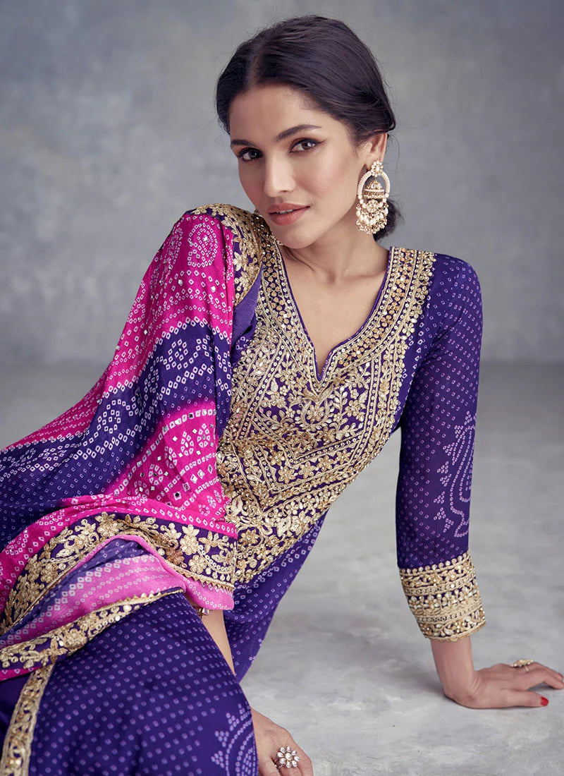 Purple and Pink Bandhani Print Mirror Embroidered Palazzo Suit