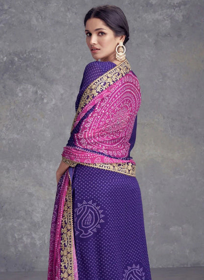 Purple and Pink Bandhani Print Mirror Embroidered Palazzo Suit