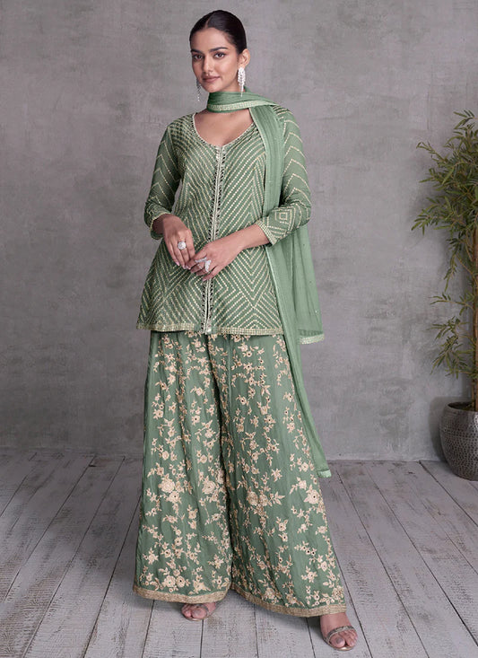 Luxurious Green Sharara Suit with Designer Embroidery