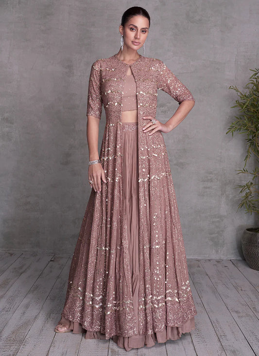 Elegant Mauve Lehenga Choli with Sequins and Jacket