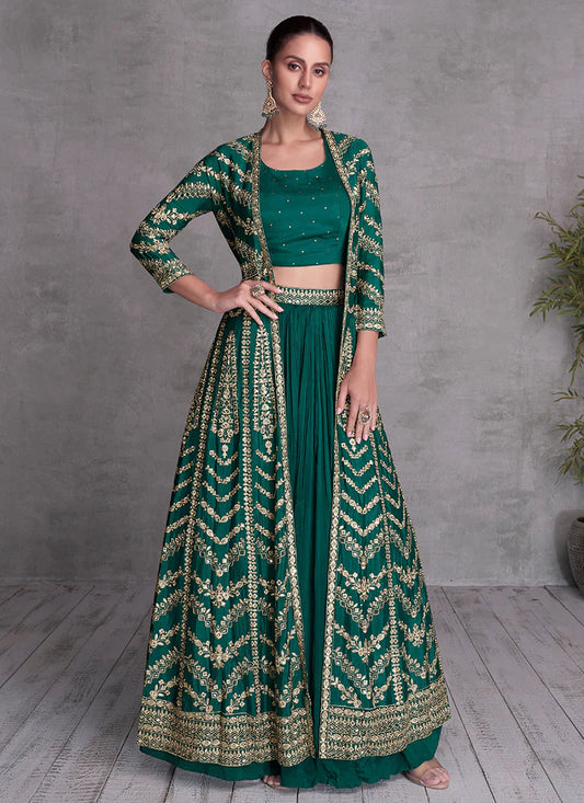 Luxurious Green Golden Embroidered Lehenga with Jacket