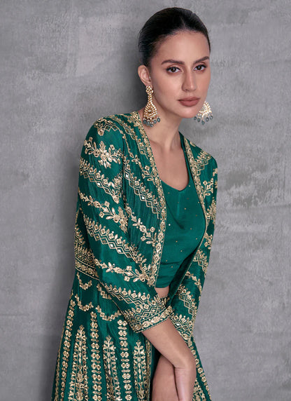 Luxurious Green Golden Embroidered Lehenga with Jacket