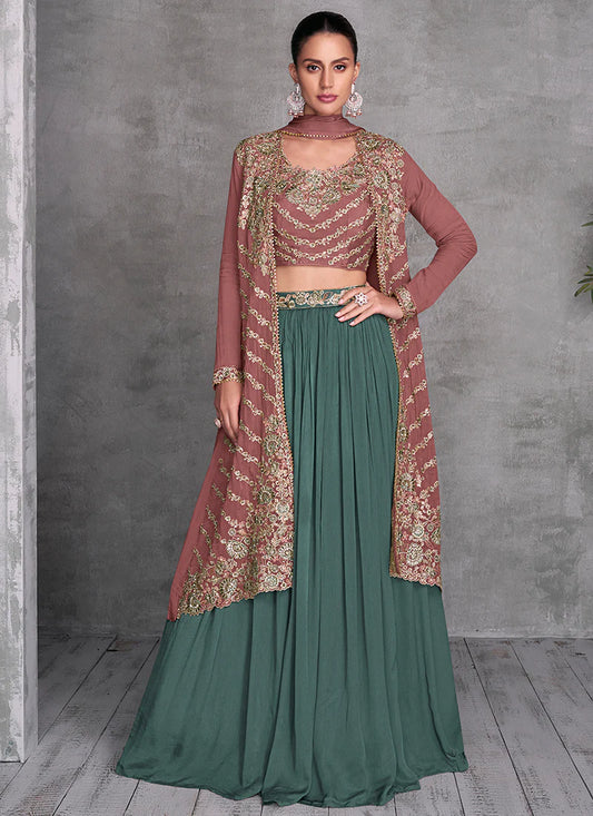 Luxurious Mauve and Green Embroidered Lehenga with Jacket