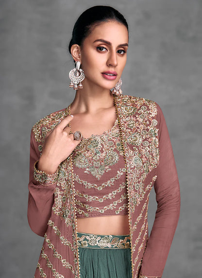 Luxurious Mauve and Green Embroidered Lehenga with Jacket