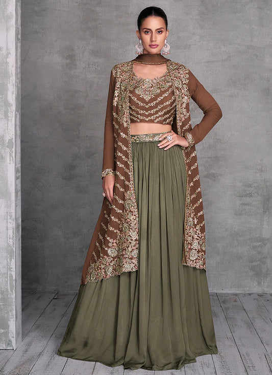 Luxurious Brown and Olive Embroidered Lehenga with Jacket