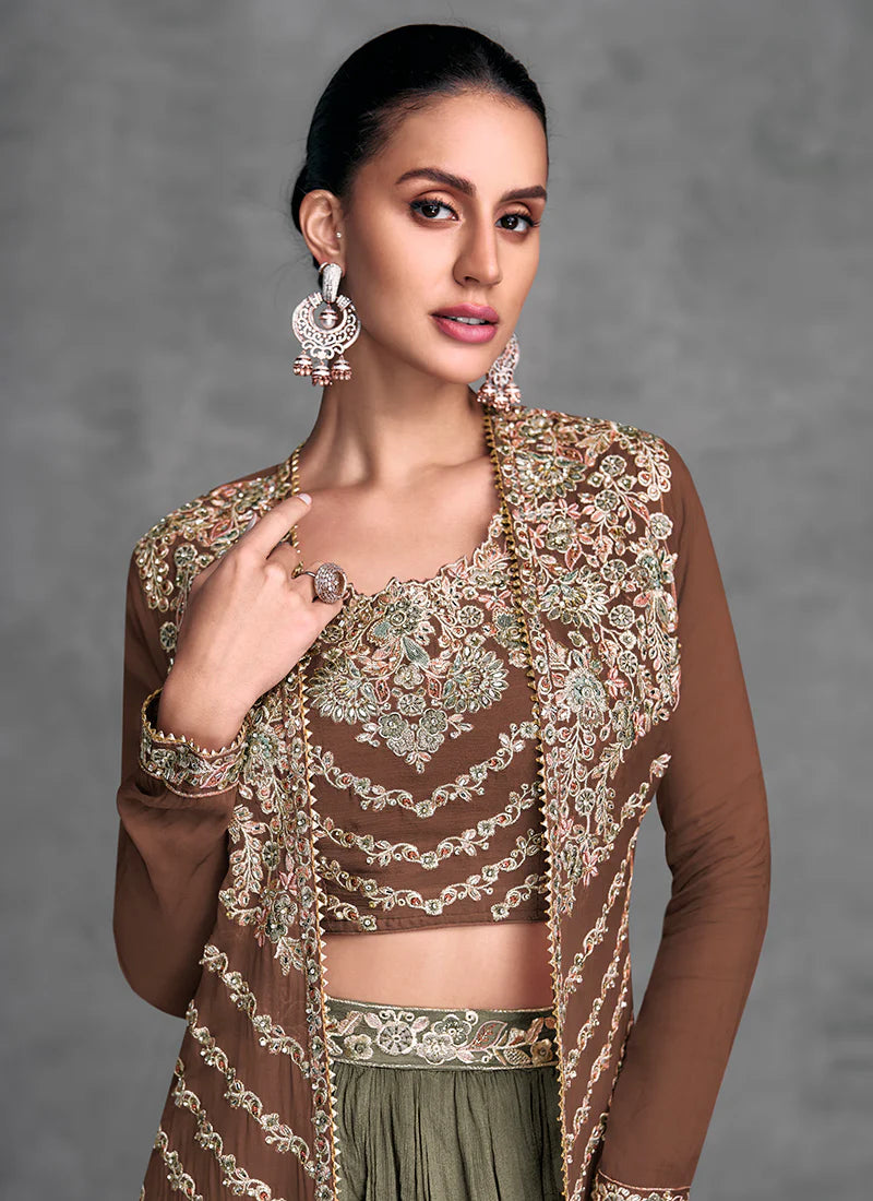 Luxurious Brown and Olive Embroidered Lehenga with Jacket