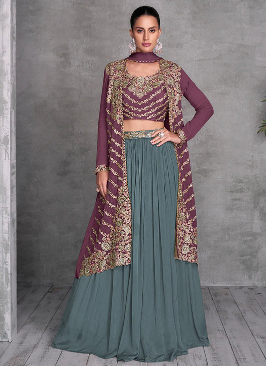 Luxurious Wine and Teal Embroidered Lehenga with Jacket