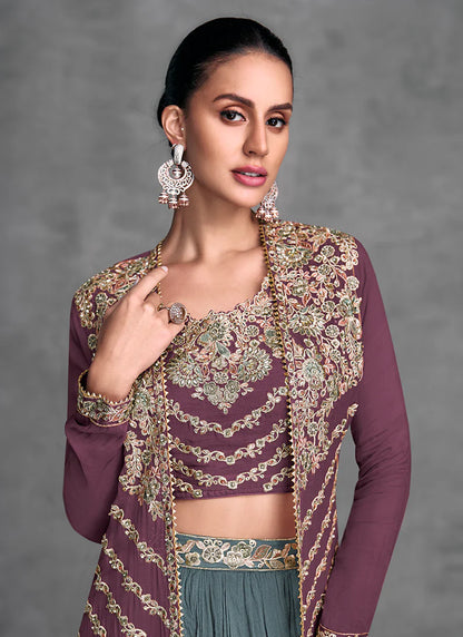 Luxurious Wine and Teal Embroidered Lehenga with Jacket