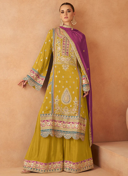 Colorful Yellow and Magenta Embroidered Palazzo Suit