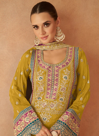 Colorful Yellow and Magenta Embroidered Palazzo Suit