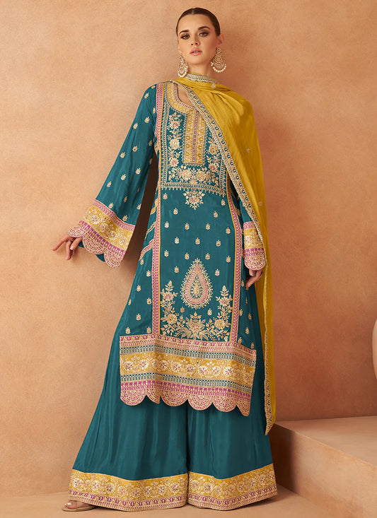 Colorful Yellow and Turquoise Embroidered Palazzo Suit