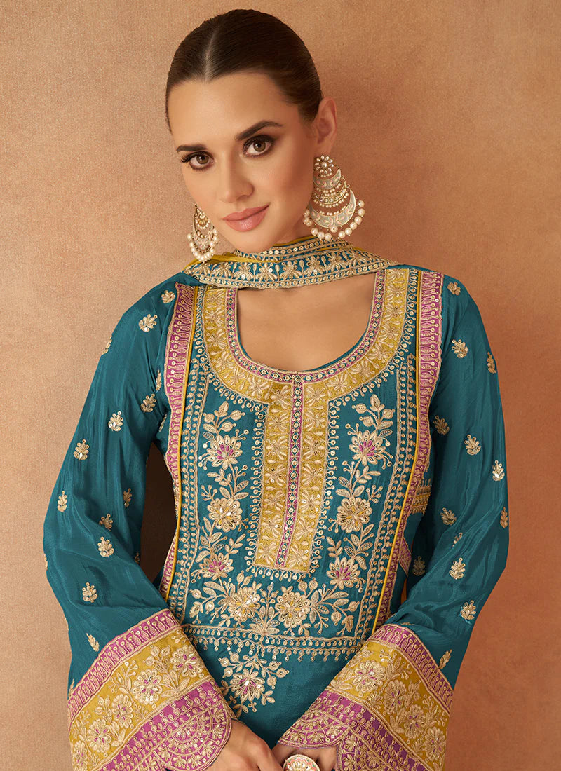 Colorful Yellow and Turquoise Embroidered Palazzo Suit