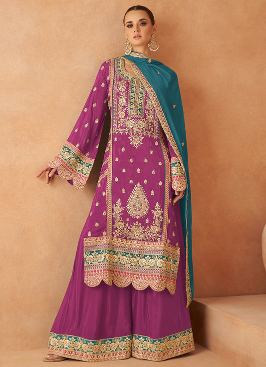 Colorful Magenta and Turquoise Embroidered Palazzo Suit