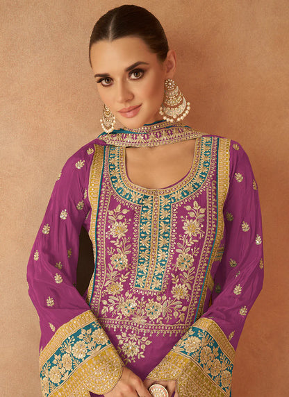 Colorful Magenta and Turquoise Embroidered Palazzo Suit