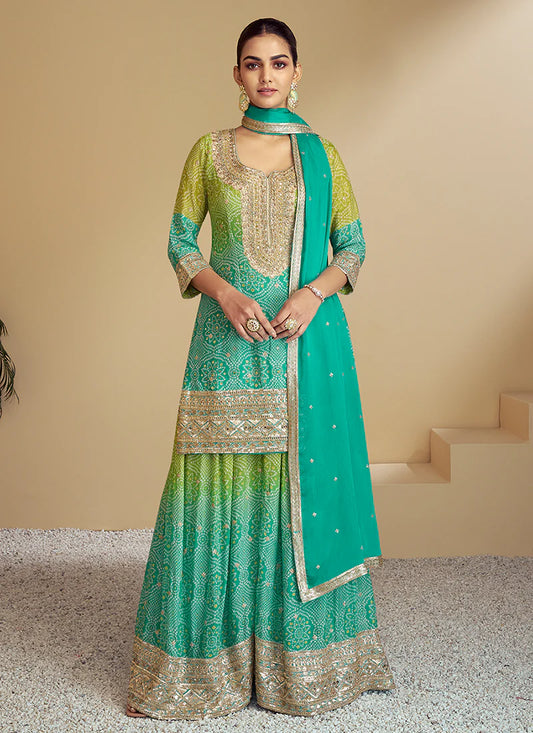 Designer Teal Green Ombré Kurti and Palazzo