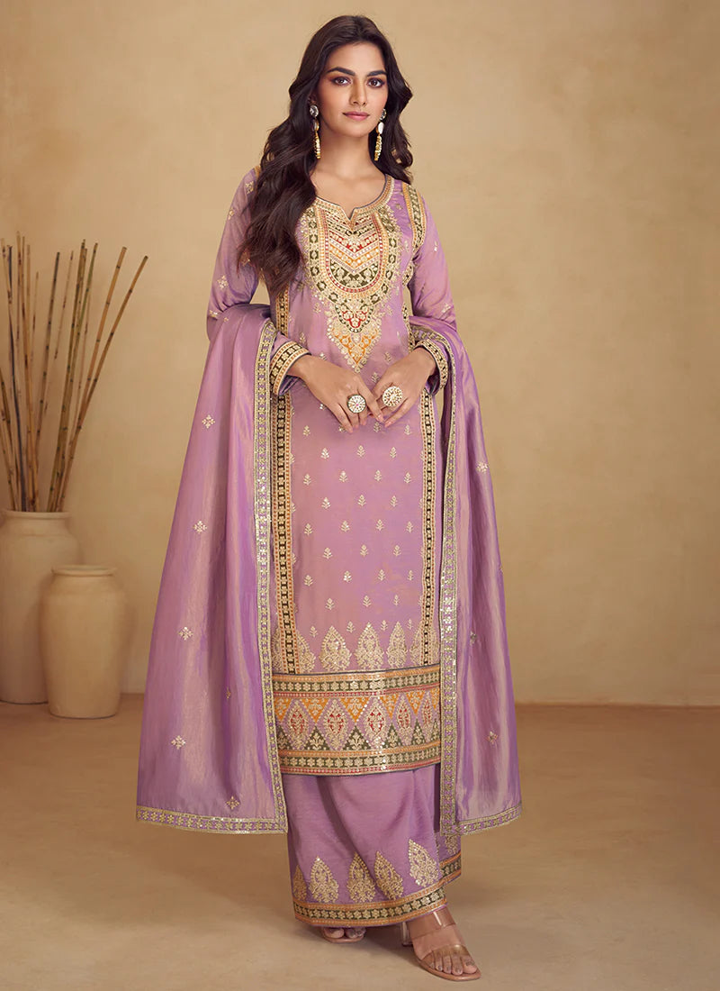 Elegant Lavender  Multi-Embroidery Palazzo Suit