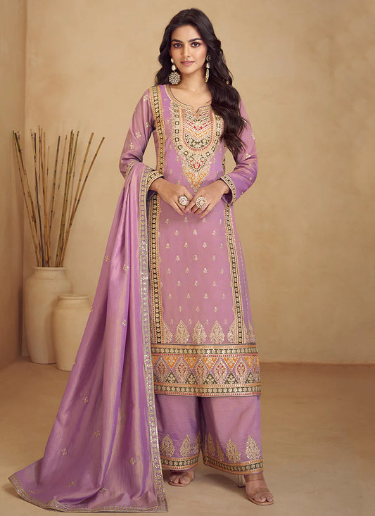 Elegant Lavender  Multi-Embroidery Palazzo Suit